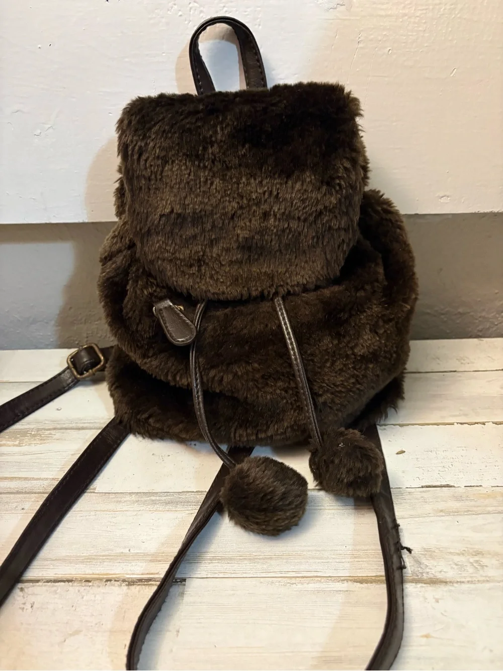 Plush Faux Fur Brown Women's Backpack with Pom-Pom Drawstrings